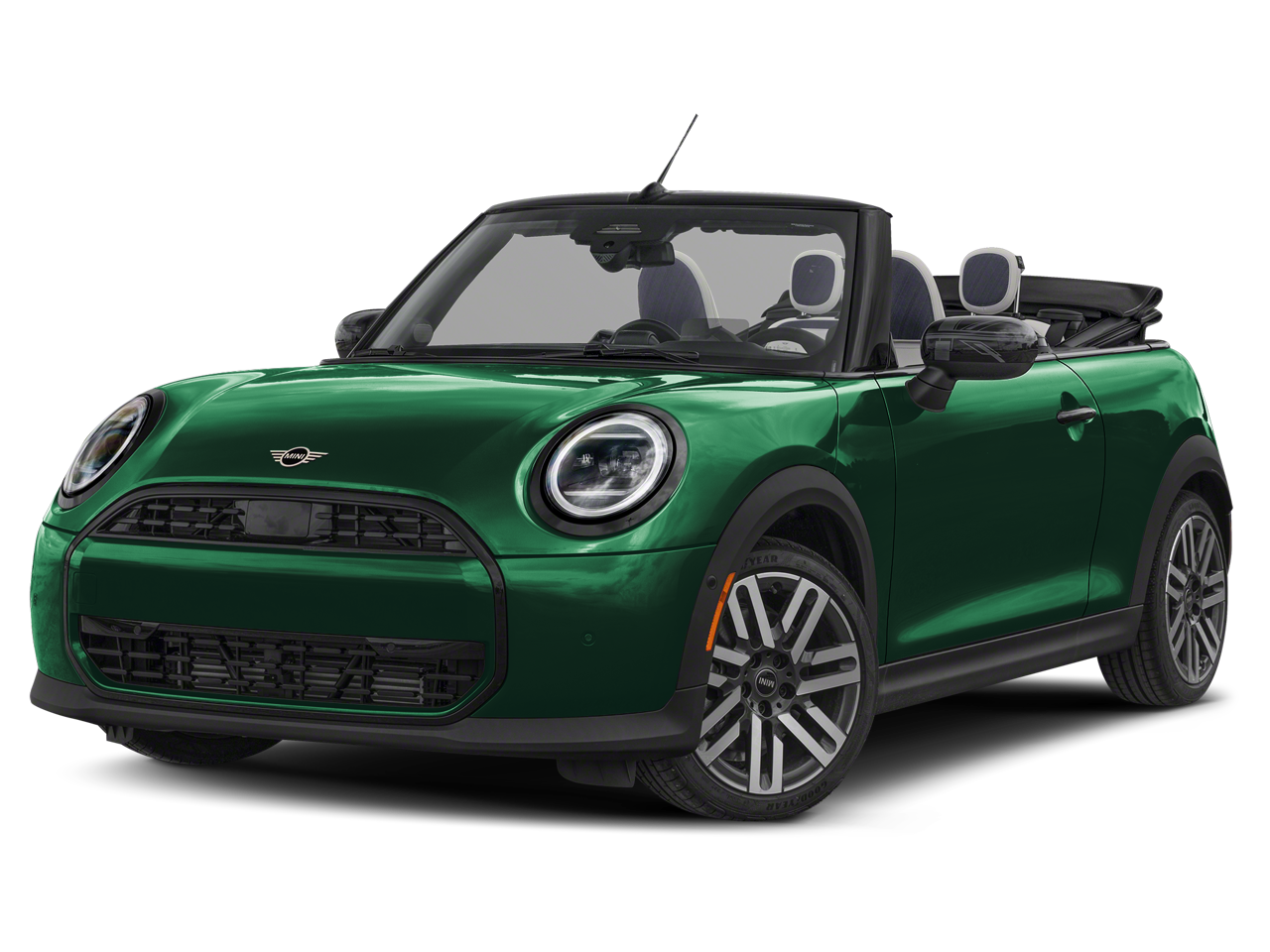 2026 MINI CONVERTIBLE ICONIC in British Racing Green IV Met — front three-quarter view